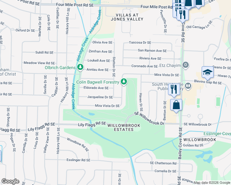 map of restaurants, bars, coffee shops, grocery stores, and more near 7411 Statton Drive Southeast in Huntsville