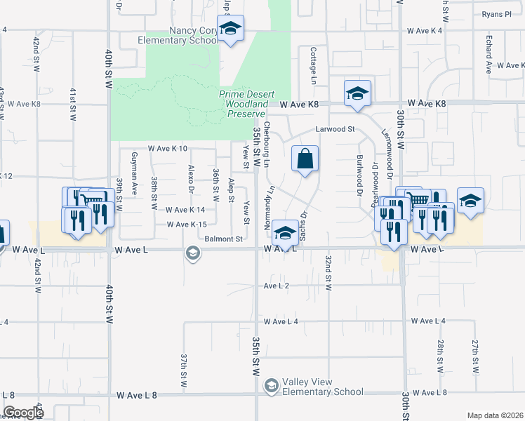 map of restaurants, bars, coffee shops, grocery stores, and more near 42865 Normandy Lane in Quartz Hill