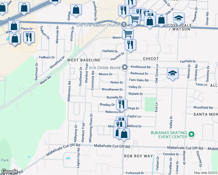 map of restaurants, bars, coffee shops, grocery stores, and more near 7804 Woodhaven Drive in Little Rock