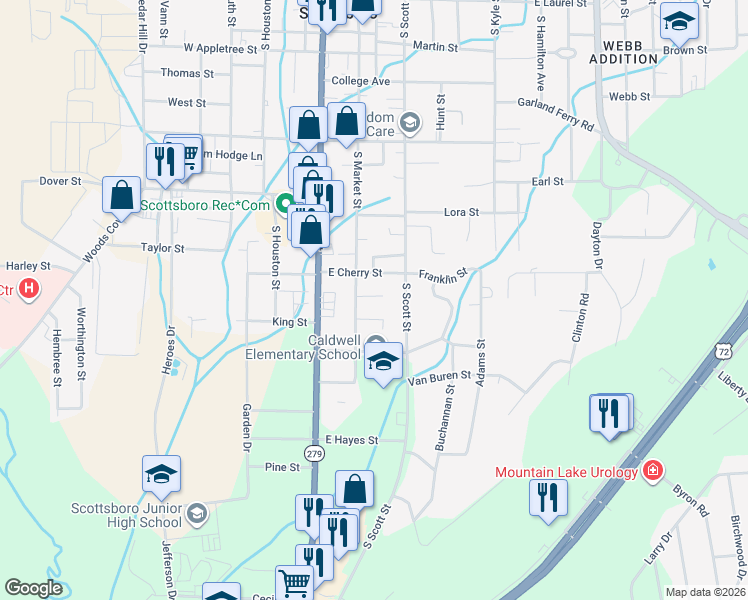 map of restaurants, bars, coffee shops, grocery stores, and more near 206 Yarbrough Lane in Scottsboro