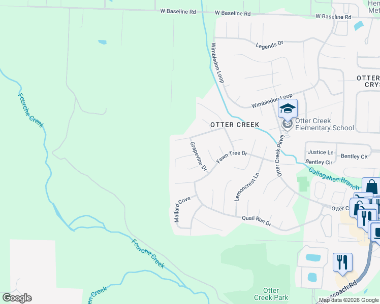 map of restaurants, bars, coffee shops, grocery stores, and more near 4 Fox Run Drive in Little Rock