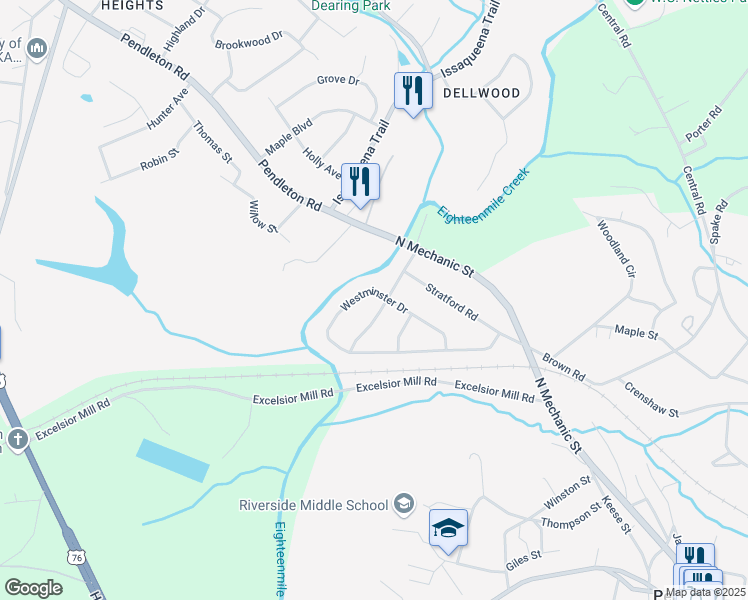 map of restaurants, bars, coffee shops, grocery stores, and more near 127 Canterbury Road in Pendleton