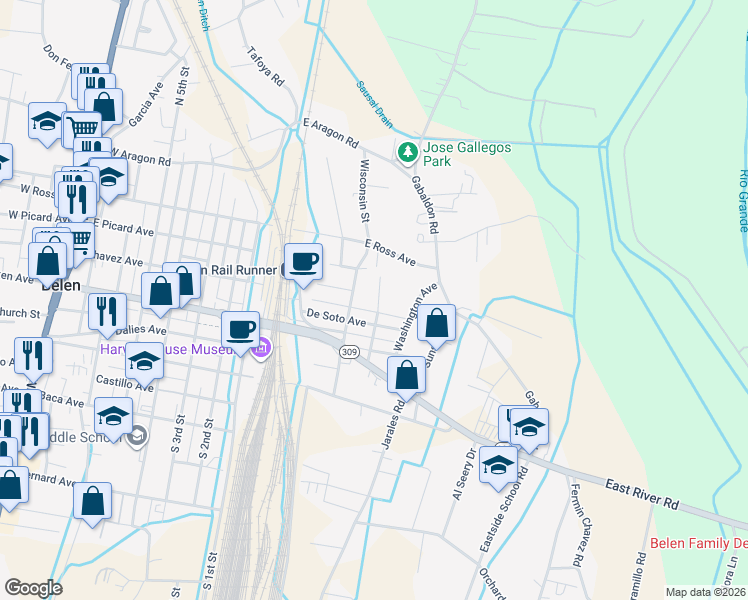 map of restaurants, bars, coffee shops, grocery stores, and more near 411 Michigan Avenue in Belen