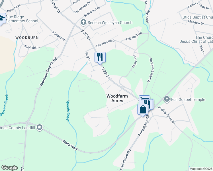 map of restaurants, bars, coffee shops, grocery stores, and more near 216 Elliott Drive in Seneca