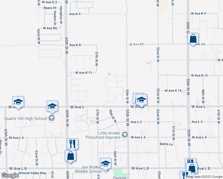 map of restaurants, bars, coffee shops, grocery stores, and more near 5521 West Avenue K-13 in Lancaster