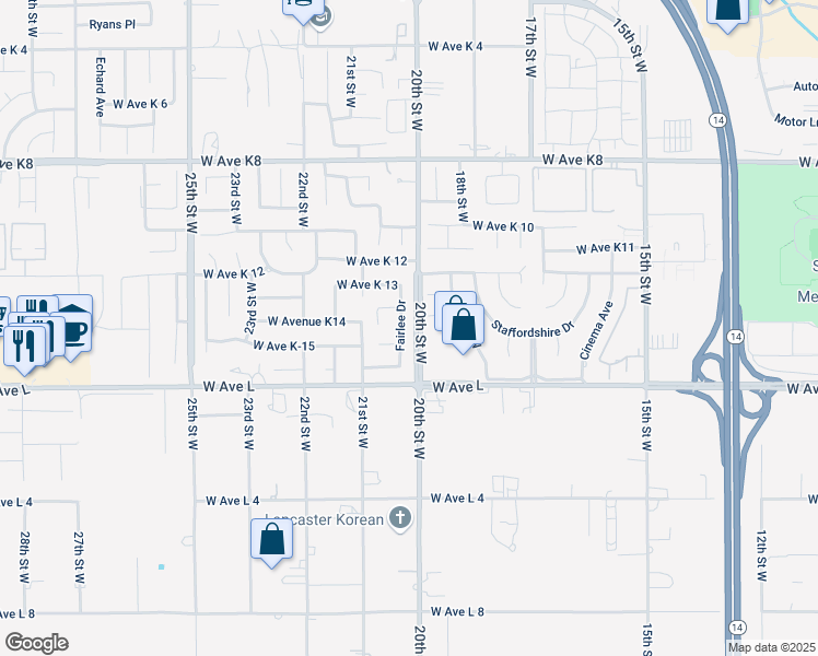 map of restaurants, bars, coffee shops, grocery stores, and more near 42864 Fairlee Drive in Lancaster