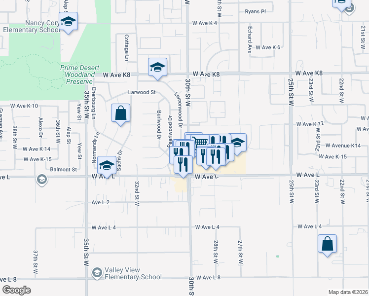 map of restaurants, bars, coffee shops, grocery stores, and more near 42918 Lemonwood Drive in Lancaster