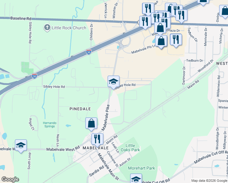 map of restaurants, bars, coffee shops, grocery stores, and more near 9715 Mabelvale Pike in Little Rock