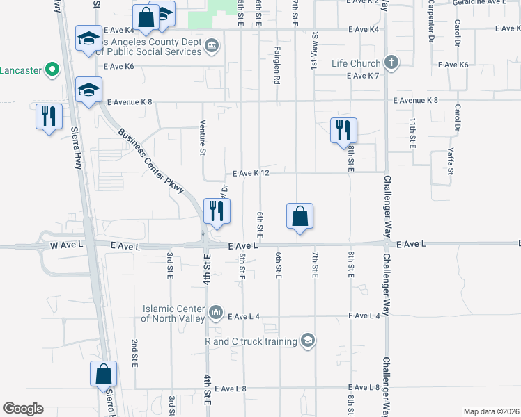map of restaurants, bars, coffee shops, grocery stores, and more near 42901 6th Street East in Lancaster