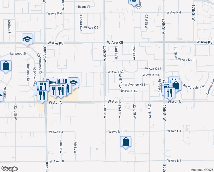 map of restaurants, bars, coffee shops, grocery stores, and more near 42901 Willow West Court in Lancaster