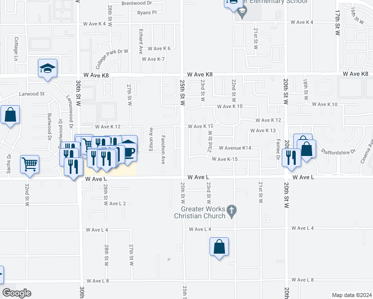map of restaurants, bars, coffee shops, grocery stores, and more near 42901 Willow West Court in Lancaster