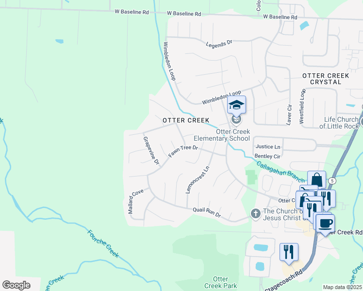map of restaurants, bars, coffee shops, grocery stores, and more near 18202 Fawn Tree Drive in Little Rock