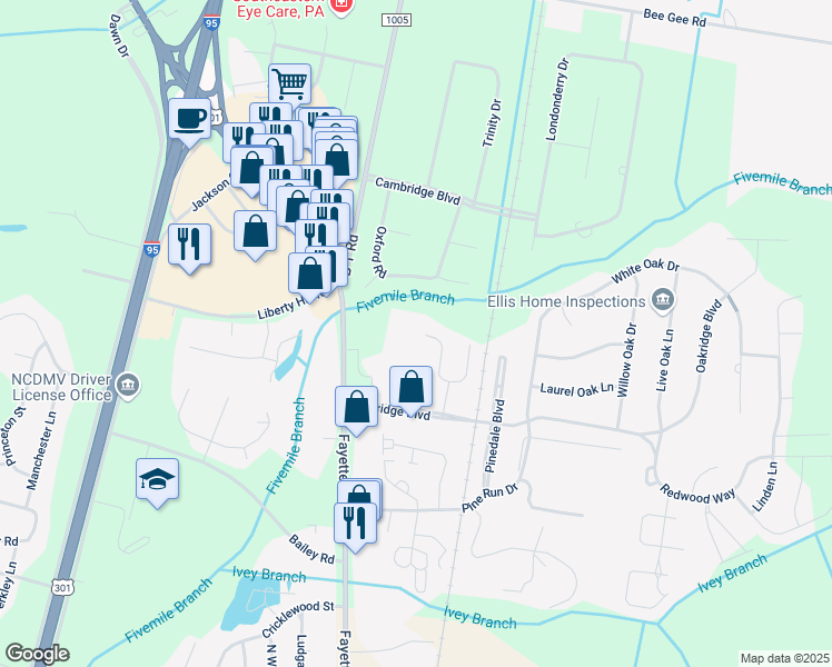 map of restaurants, bars, coffee shops, grocery stores, and more near 125 Village Walk West in Lumberton