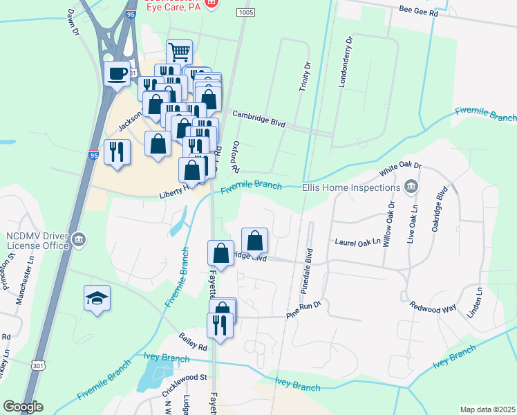map of restaurants, bars, coffee shops, grocery stores, and more near 125 Village Walk West in Lumberton