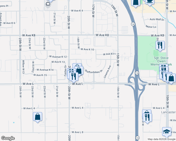 map of restaurants, bars, coffee shops, grocery stores, and more near 42913 Staffordshire Drive in Lancaster