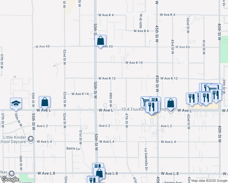 map of restaurants, bars, coffee shops, grocery stores, and more near 42872 48th Street West in Lancaster