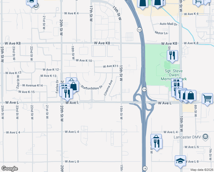 map of restaurants, bars, coffee shops, grocery stores, and more near 42901 Cinema Avenue in Lancaster