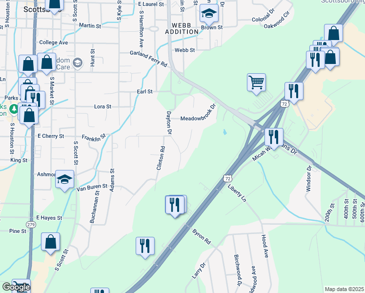 map of restaurants, bars, coffee shops, grocery stores, and more near 821 Dayton Drive in Scottsboro