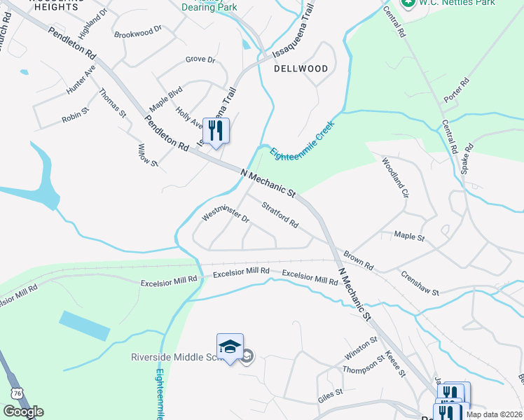 map of restaurants, bars, coffee shops, grocery stores, and more near 601 Westminster Drive in Pendleton