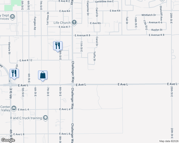 map of restaurants, bars, coffee shops, grocery stores, and more near 1124 East Avenue K 14 in Lancaster