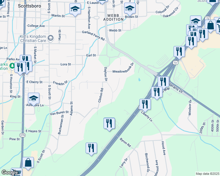 map of restaurants, bars, coffee shops, grocery stores, and more near 821 Dayton Drive in Scottsboro
