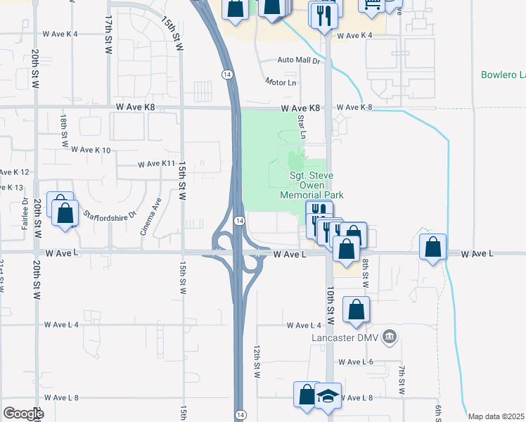 map of restaurants, bars, coffee shops, grocery stores, and more near W. Avenue M2 in Lancaster