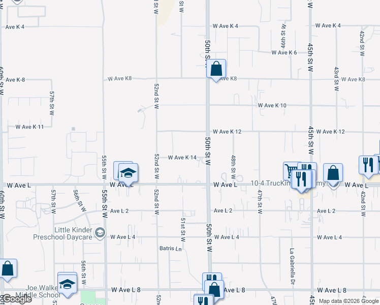 map of restaurants, bars, coffee shops, grocery stores, and more near 5039 West Avenue K 14 in Lancaster