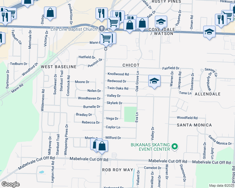 map of restaurants, bars, coffee shops, grocery stores, and more near 7409 Valley Drive in Little Rock