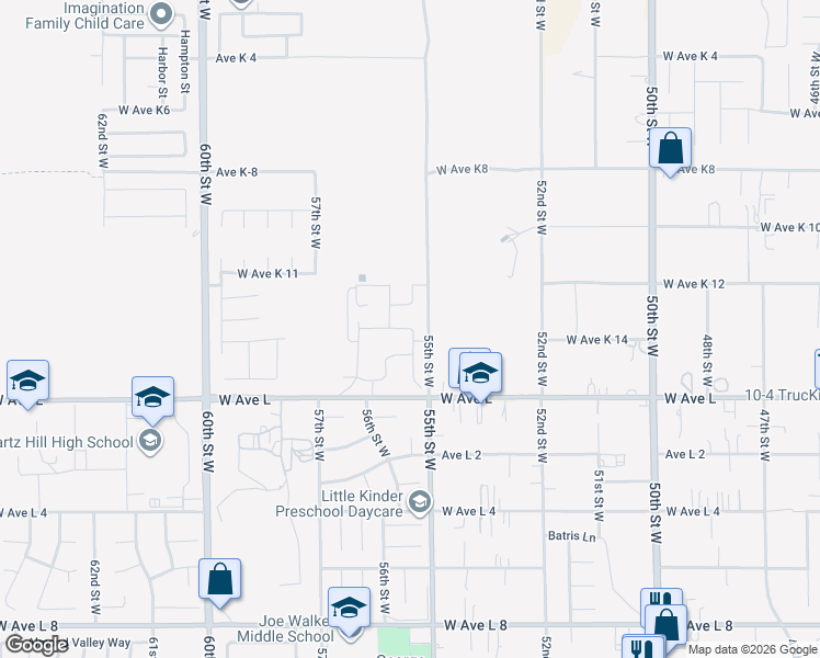 map of restaurants, bars, coffee shops, grocery stores, and more near 5521 West Avenue K-13 in Lancaster