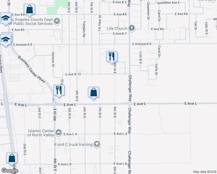 map of restaurants, bars, coffee shops, grocery stores, and more near 800 East Avenue K 14 in Lancaster