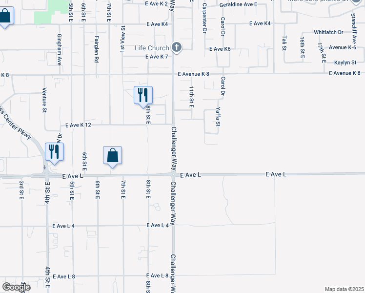 map of restaurants, bars, coffee shops, grocery stores, and more near Challenger Way in Lancaster