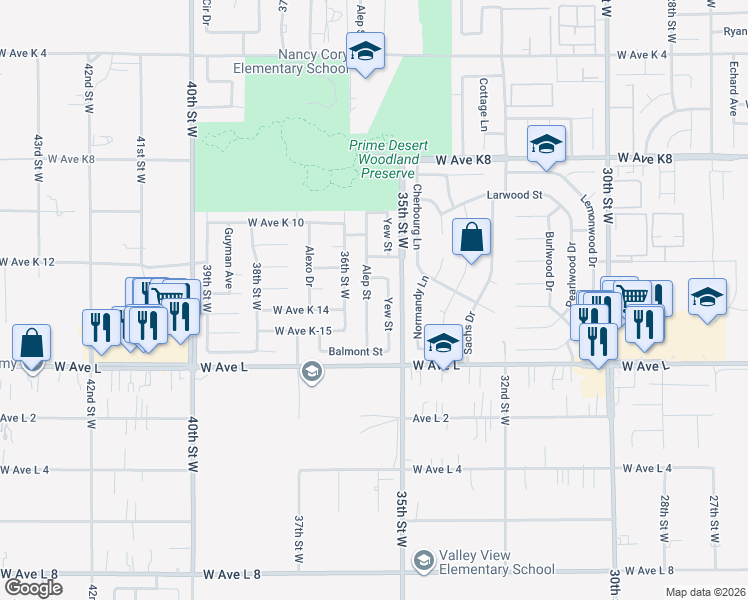 map of restaurants, bars, coffee shops, grocery stores, and more near 42860 Alep Street in Lancaster