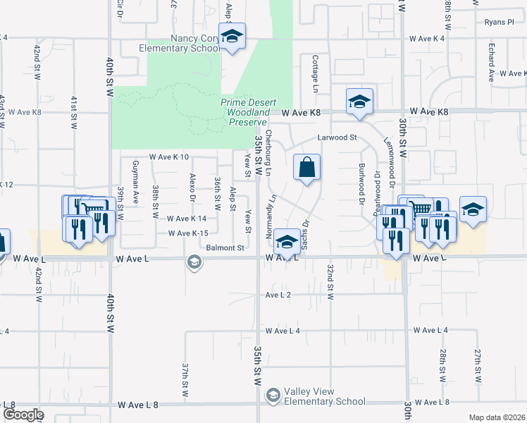 map of restaurants, bars, coffee shops, grocery stores, and more near 42903 Normandy Lane in Lancaster