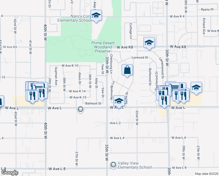 map of restaurants, bars, coffee shops, grocery stores, and more near 42903 Normandy Lane in Lancaster