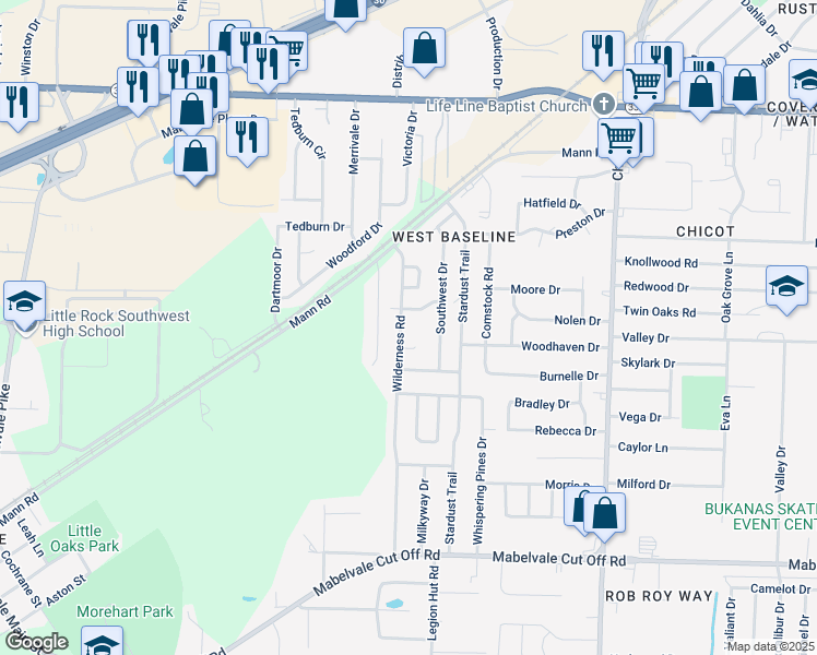 map of restaurants, bars, coffee shops, grocery stores, and more near 9714 Wilderness Road in Little Rock
