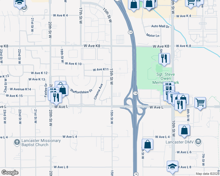 map of restaurants, bars, coffee shops, grocery stores, and more near 42935 15th Street West in Lancaster