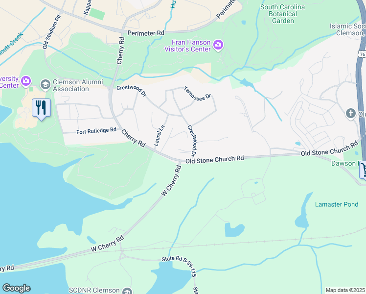 map of restaurants, bars, coffee shops, grocery stores, and more near 105 Carrie Lane in Clemson
