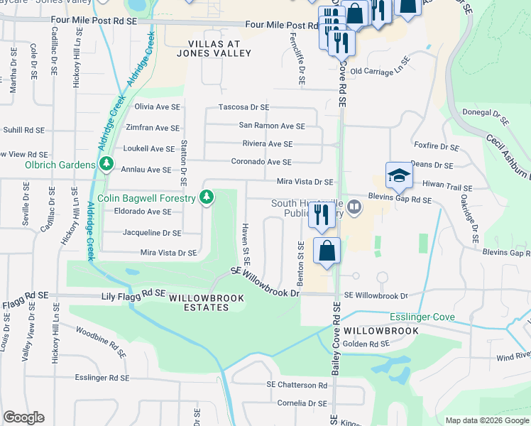 map of restaurants, bars, coffee shops, grocery stores, and more near 7819 Horseshoe Trail Southeast in Huntsville