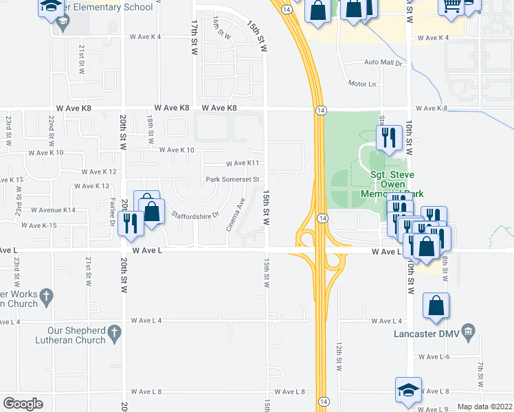 map of restaurants, bars, coffee shops, grocery stores, and more near 42837 15th Street West in Lancaster
