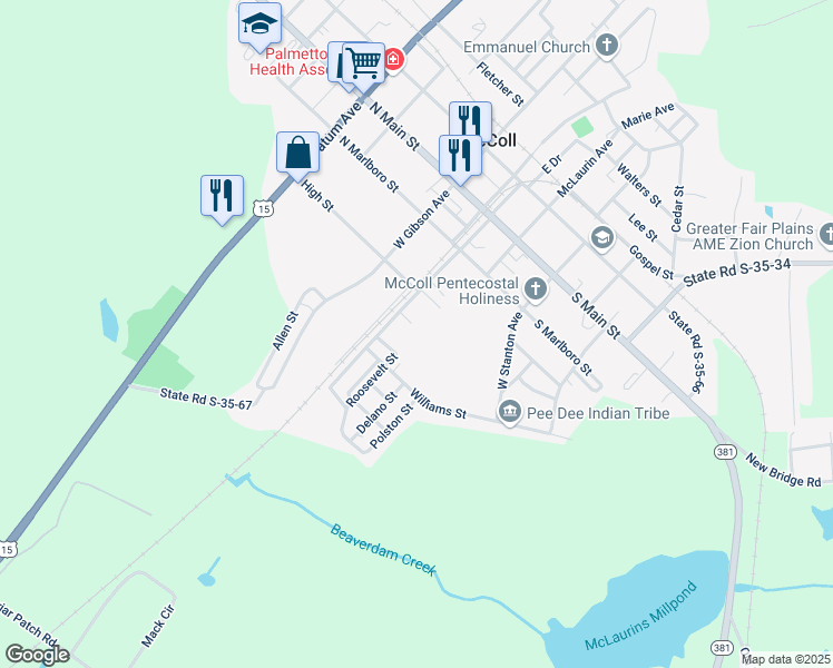 map of restaurants, bars, coffee shops, grocery stores, and more near 317 West Railroad Avenue in McColl
