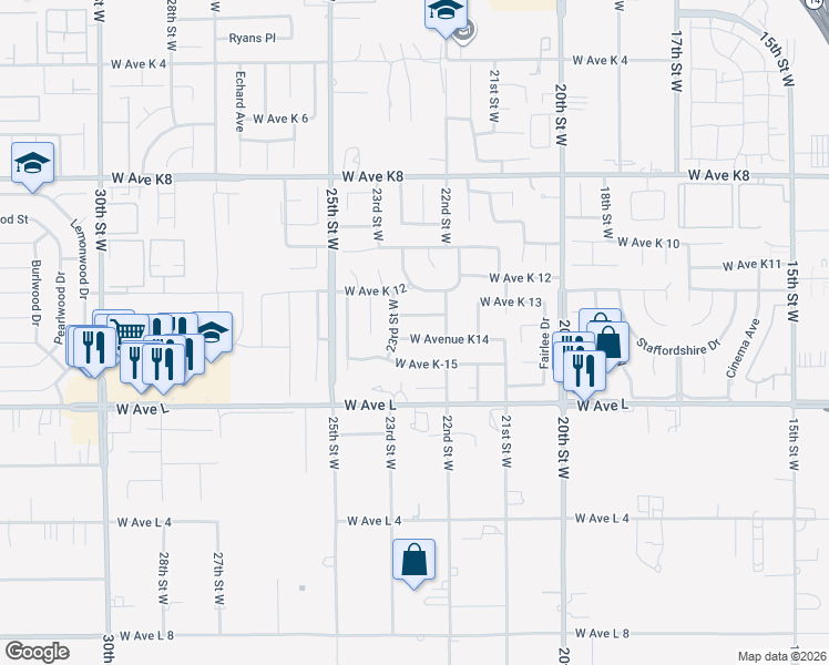 map of restaurants, bars, coffee shops, grocery stores, and more near 2235 West Avenue K14 in Lancaster