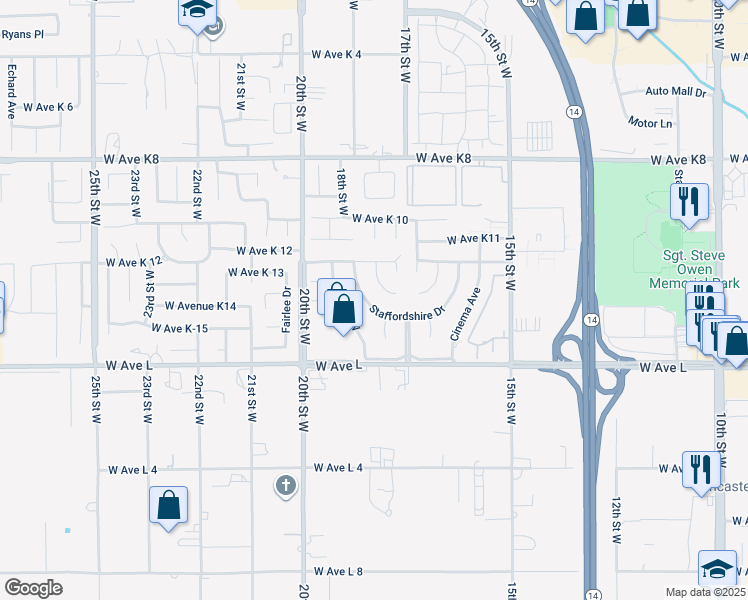 map of restaurants, bars, coffee shops, grocery stores, and more near 42913 Staffordshire Drive in Lancaster