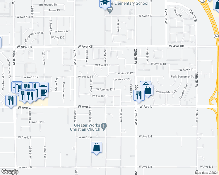 map of restaurants, bars, coffee shops, grocery stores, and more near 2151 West Avenue K14 in Lancaster