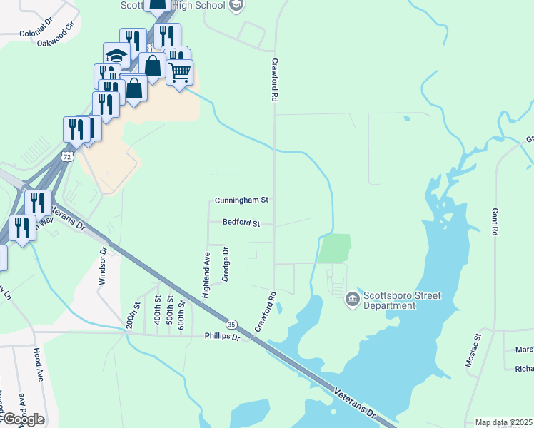 map of restaurants, bars, coffee shops, grocery stores, and more near 387 Crawford Road in Scottsboro