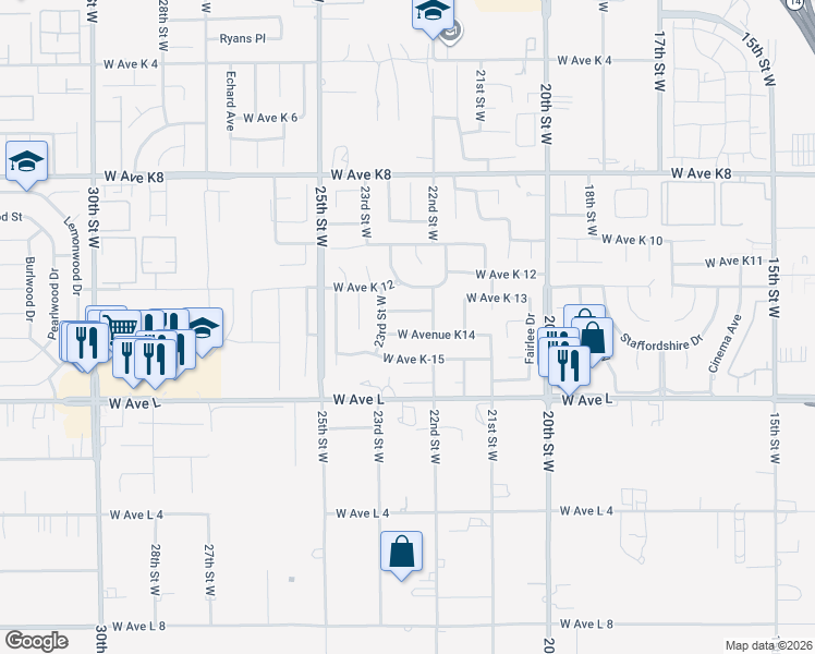 map of restaurants, bars, coffee shops, grocery stores, and more near 2229 West Avenue K14 in Lancaster