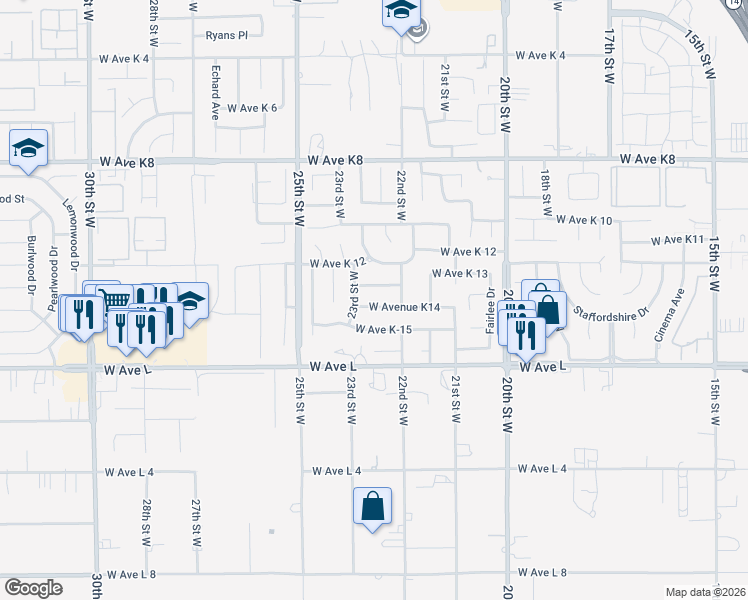 map of restaurants, bars, coffee shops, grocery stores, and more near 2235 West Avenue K14 in Lancaster