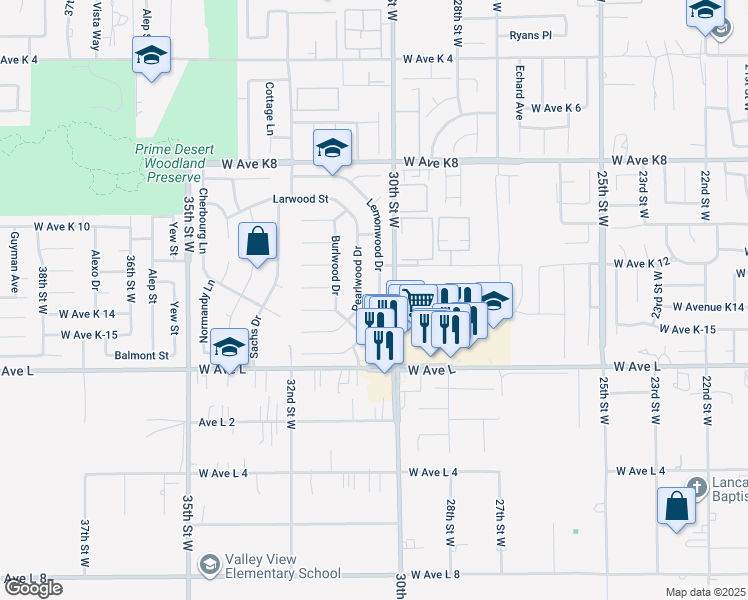 map of restaurants, bars, coffee shops, grocery stores, and more near 42935 Lemonwood Drive in Lancaster