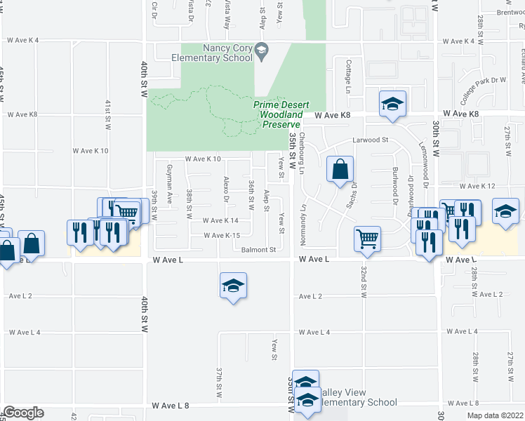 map of restaurants, bars, coffee shops, grocery stores, and more near 42901 Alep Street in Lancaster