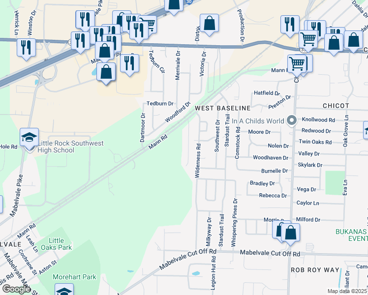 map of restaurants, bars, coffee shops, grocery stores, and more near 9714 Wilderness Road in Little Rock
