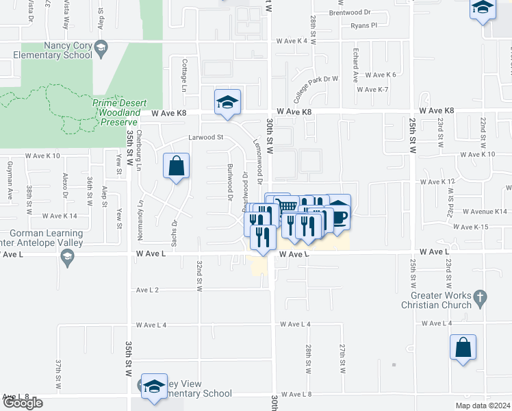 map of restaurants, bars, coffee shops, grocery stores, and more near 42910 Pearlwood Drive in Lancaster